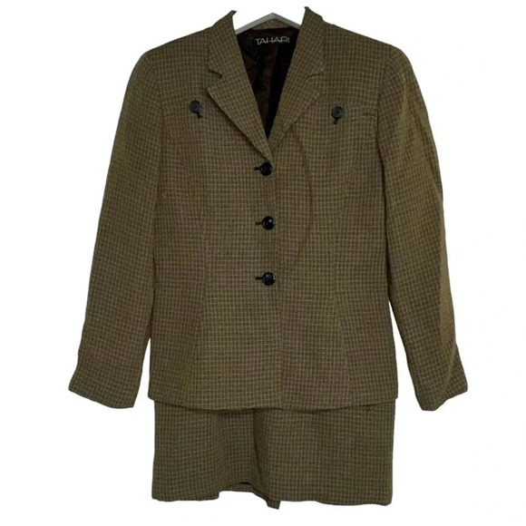 Tahari 10 brown check‎ print skirt & 3 button blazer suit - Picture 1 of 9